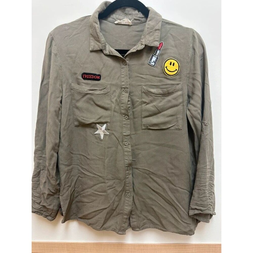 Sophie Rue Soft Army Green LS Button Up Patchwork Medium